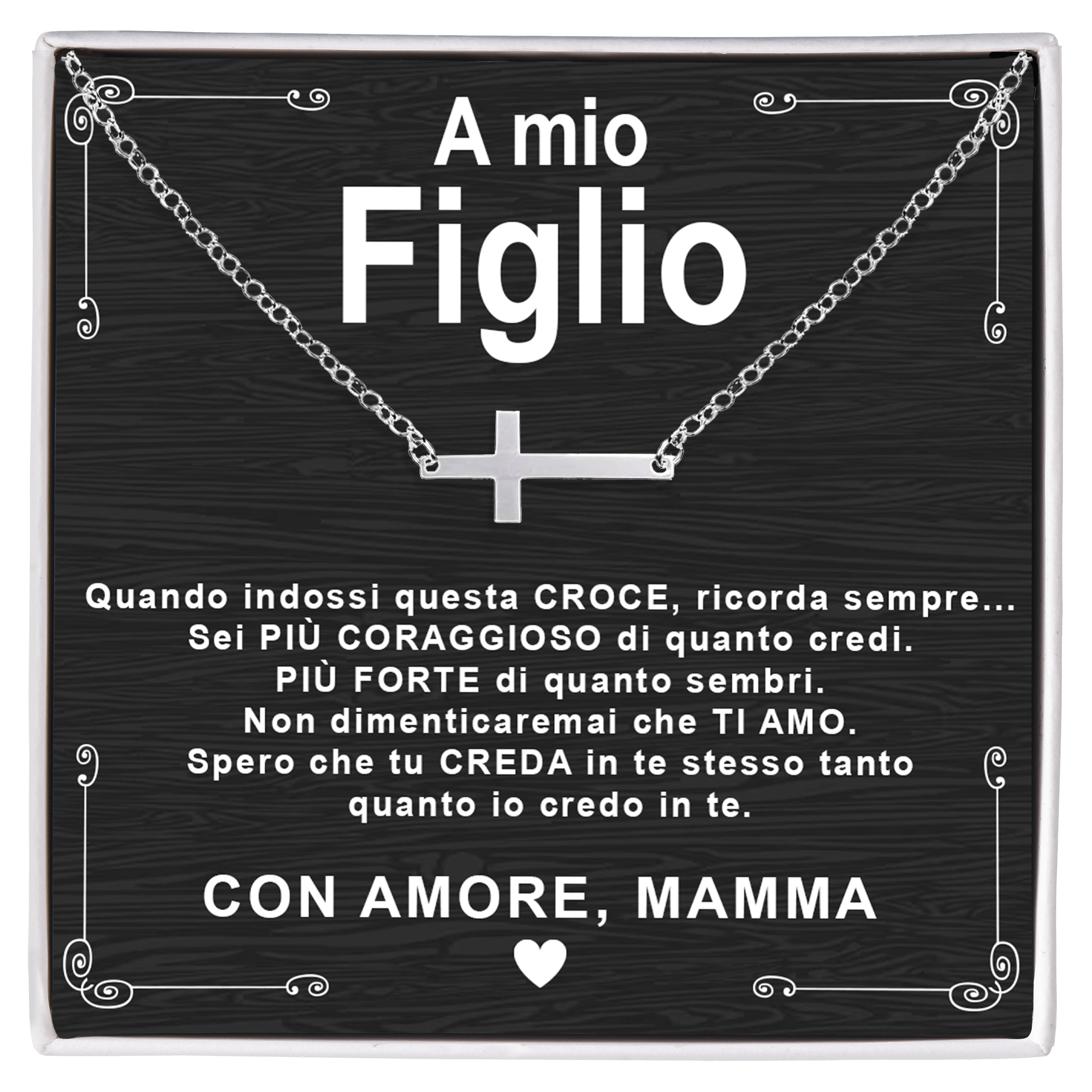 Collana Croce orizzontale - A Mio Figlio, con Amore Mamma.