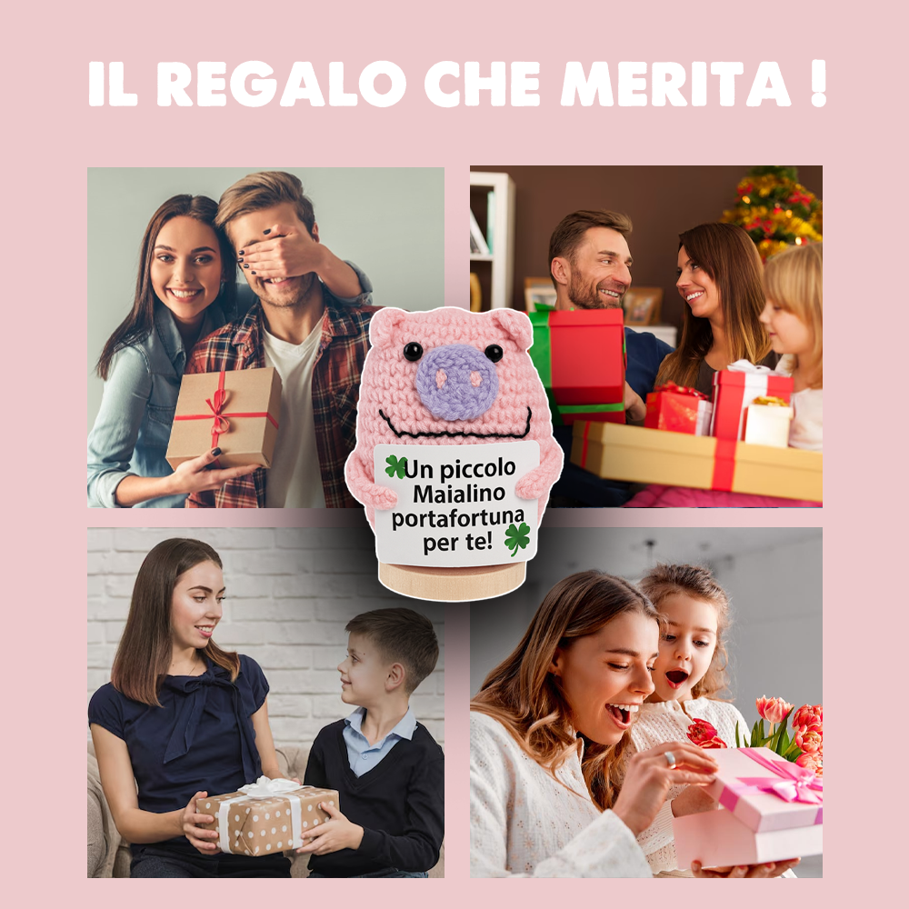 Peluche Crochet Con base in legno - Maialino Portafortuna